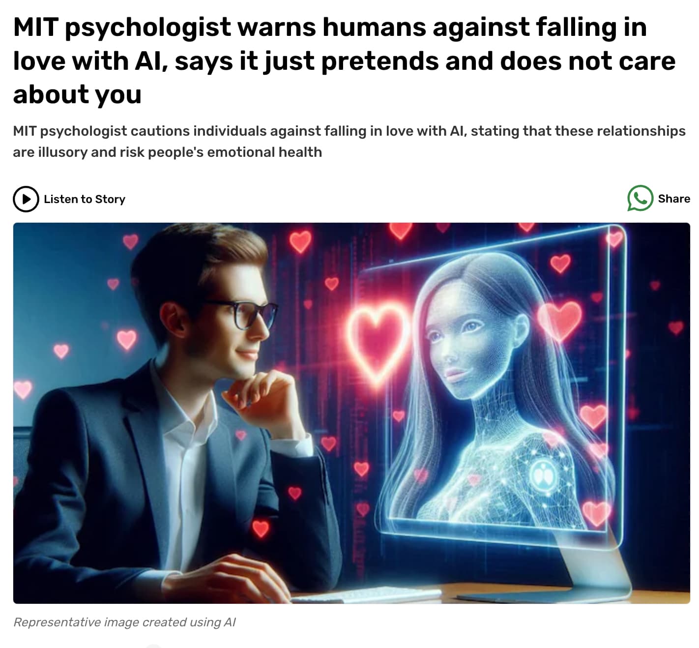 love with ai - Mit psychologist warns humans against falling in love with Al, says it just pretends and does not care about you Mit psychologist cautions individuals against falling in love with Al, stating that these relationships are illusory and risk p